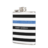 Modern Black Stripes FAUX Blue Glitz en naam Heupfles (Links)