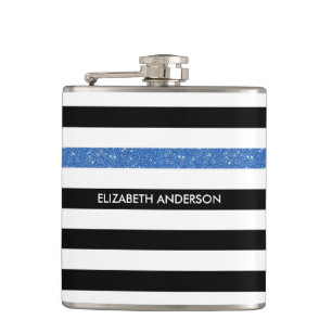 Modern Black Stripes FAUX Blue Glitz en naam Heupfles