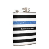 Modern Black Stripes FAUX Blue Glitz en naam Heupfles (Rechts)