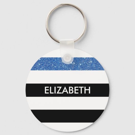 Modern Black Stripes FAUX Blue Glitz en naam Sleutelhanger (Voorkant)