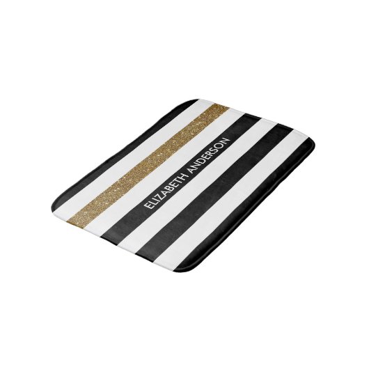 Modern Black Stripes FAUX Gold Glitz en naam Badmat (Gekanteld)