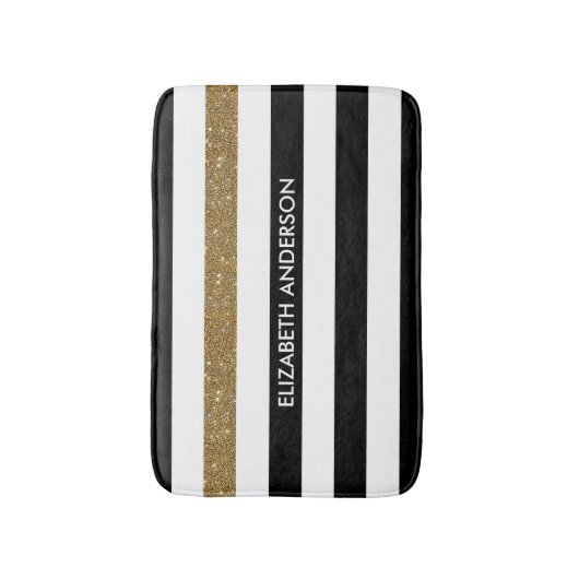 Modern Black Stripes FAUX Gold Glitz en naam Badmat (Voorkant Verticaal)
