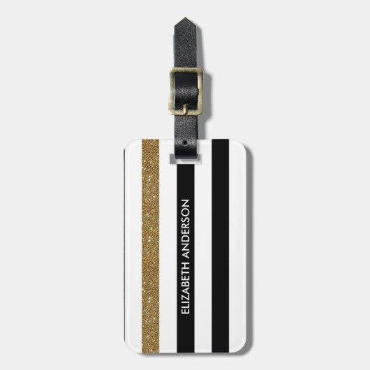 Modern Black Stripes FAUX Gold Glitz en naam Bagagelabel (Voorkant verticaal)