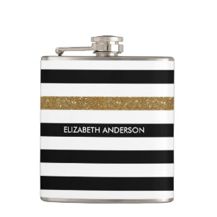 Modern Black Stripes FAUX Gold Glitz en naam Heupfles