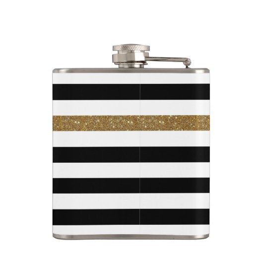 Modern Black Stripes FAUX Gold Glitz en naam Heupfles (Achterkant)