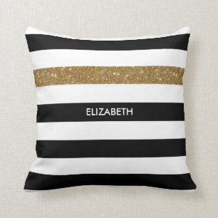 Modern Black Stripes FAUX Gold Glitz en naam Kussen