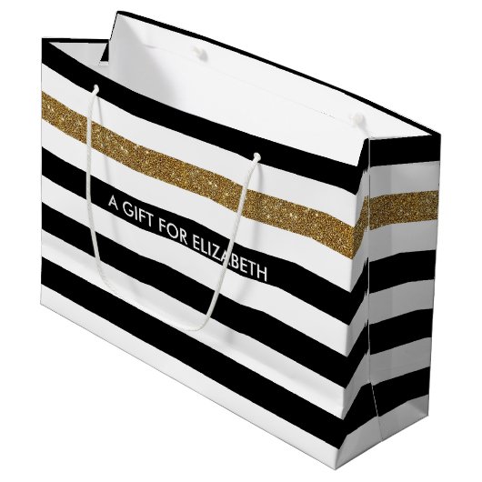 Modern Black Stripes FAUX Gold Glitz en naam Large Cadeautasje (Voorkant Gekanteld)