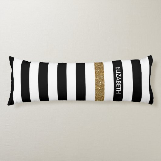 Modern Black Stripes FAUX Gold Glitz en naam Lichaamskussen (Voorkant)