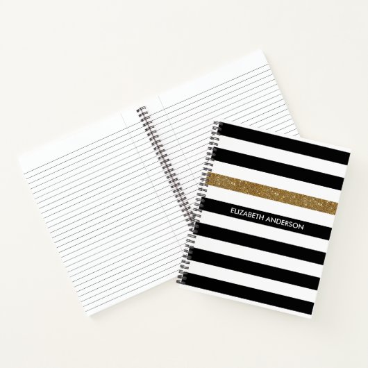 Modern Black Stripes FAUX Gold Glitz en naam Notitieboek (Binnen)