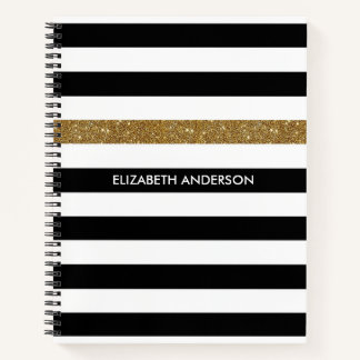 Modern Black Stripes FAUX Gold Glitz en naam Notitieboek