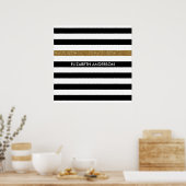 Modern Black Stripes FAUX Gold Glitz en naam Poster (Keuken)