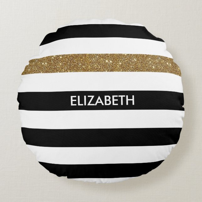 Modern Black Stripes FAUX Gold Glitz en naam Rond Kussen (Voorkant)