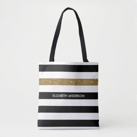 Modern Black Stripes FAUX Gold Glitz en naam Tote Bag (Voorkant)