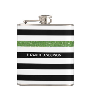 Modern Black Stripes FAUX Green Glitz en naam Heupfles