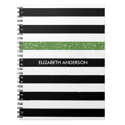 Modern Black Stripes FAUX Green Glitz en naam Notitieboek (Voorkant)