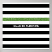 Modern Black Stripes FAUX Green Glitz en naam Poster (Voorkant)