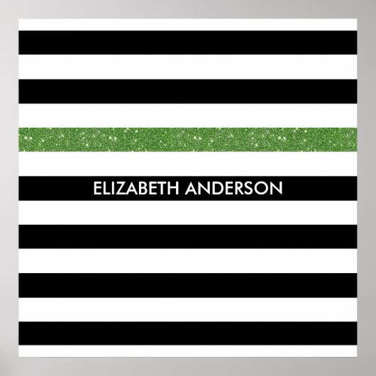 Modern Black Stripes FAUX Green Glitz en naam Poster (Voorkant)
