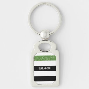 Modern Black Stripes FAUX Green Glitz en naam Sleutelhanger