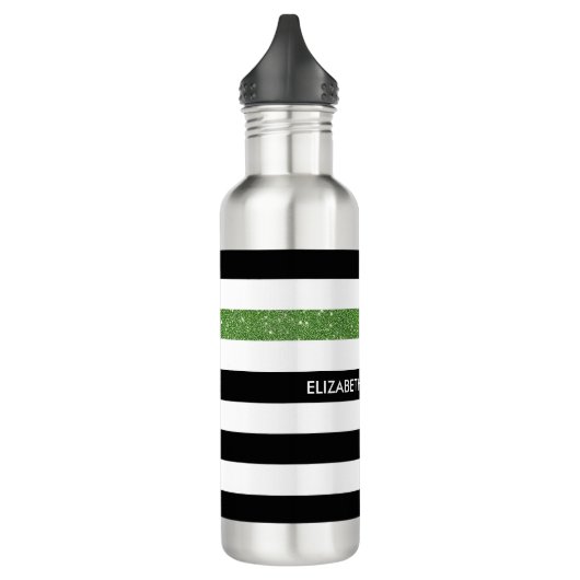 Modern Black Stripes FAUX Green Glitz en naam Waterfles (Links)