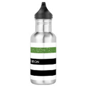 Modern Black Stripes FAUX Green Glitz en naam Waterfles (Rechts)