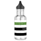 Modern Black Stripes FAUX Green Glitz en naam Waterfles (Links)