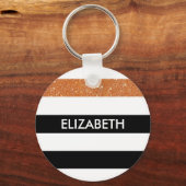 Modern Black Stripes FAUX Oranje Glitz en naam Sleutelhanger (Voorkant)
