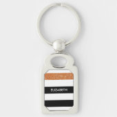 Modern Black Stripes FAUX Oranje Glitz en naam Sleutelhanger (Voorkant)