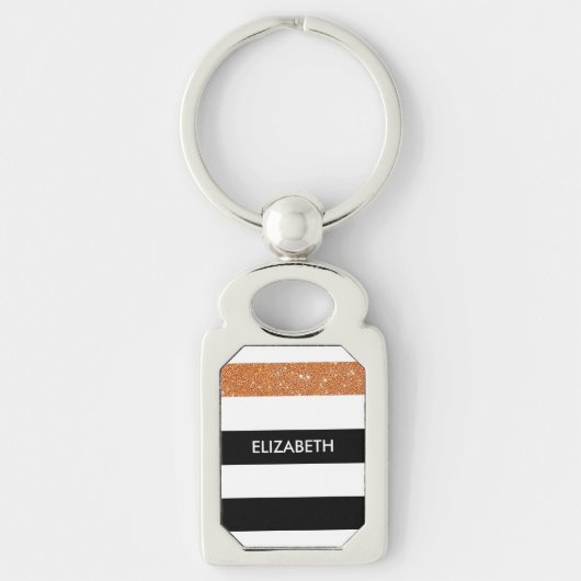 Modern Black Stripes FAUX Oranje Glitz en naam Sleutelhanger (Voorkant)