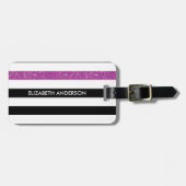 Modern Black Stripes FAUX Paars Glitz en naam Bagagelabel (Voorkant horizontaal)