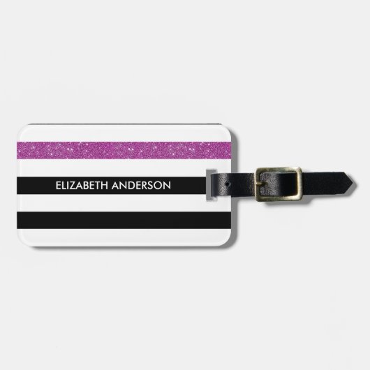 Modern Black Stripes FAUX Paars Glitz en naam Bagagelabel (Voorkant horizontaal)