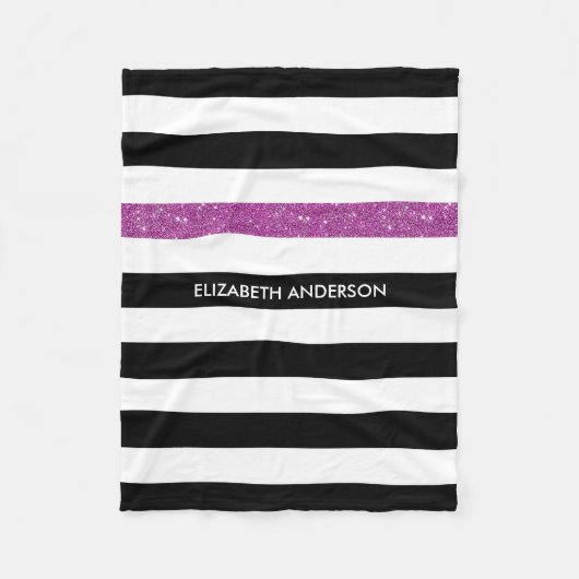 Modern Black Stripes FAUX Paars Glitz en naam Fleece Deken (Voorkant)
