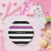 Modern Black Stripes FAUX Paars Glitz en naam Papieren Bordje (Feest)
