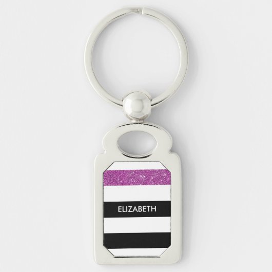 Modern Black Stripes FAUX Paars Glitz en naam Sleutelhanger (Voorkant)