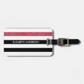 Modern Black Stripes FAUX Red Glitz en naam Bagagelabel (Voorkant horizontaal)