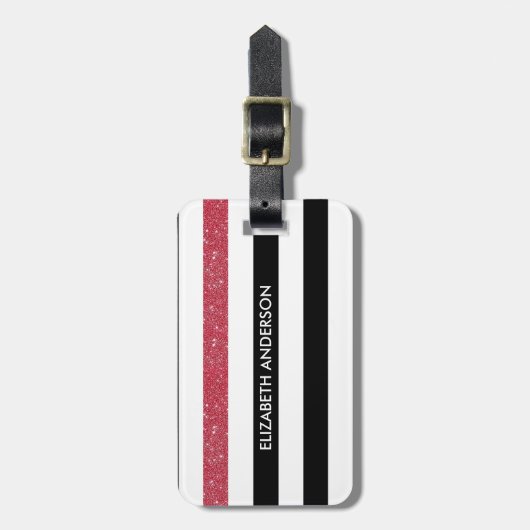 Modern Black Stripes FAUX Red Glitz en naam Bagagelabel (Voorkant verticaal)