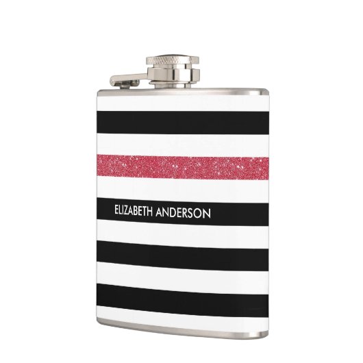 Modern Black Stripes FAUX Red Glitz en naam Heupfles (Links)