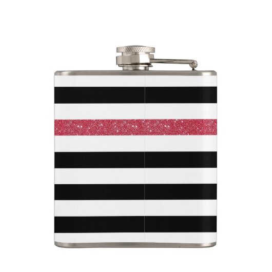 Modern Black Stripes FAUX Red Glitz en naam Heupfles (Achterkant)