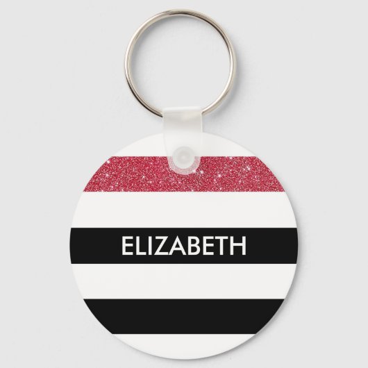 Modern Black Stripes FAUX Red Glitz en naam Sleutelhanger (Voorkant)