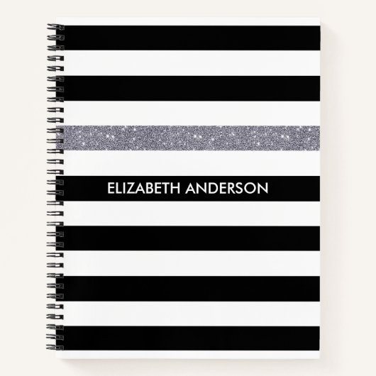 Modern Black Stripes FAUX Silver Glitz en naam Notitieboek (Voorkant)