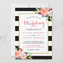 Modern Black Stripes Floral Wedding Celebration Kaart
