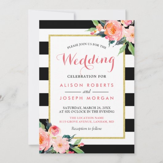 Modern Black Stripes Floral Wedding Celebration Kaart (Voorkant)