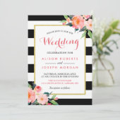 Modern Black Stripes Floral Wedding Celebration Kaart (Staand voorkant)