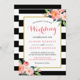 Modern Black Stripes Floral Wedding Celebration Kaart
