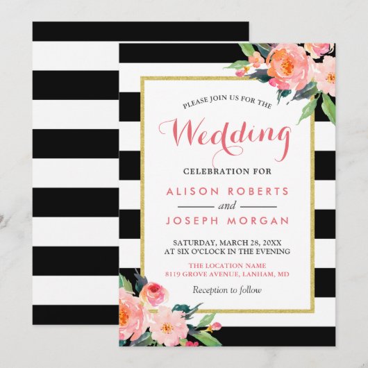 Modern Black Stripes Floral Wedding Celebration Kaart (Voorkant / Achterkant)