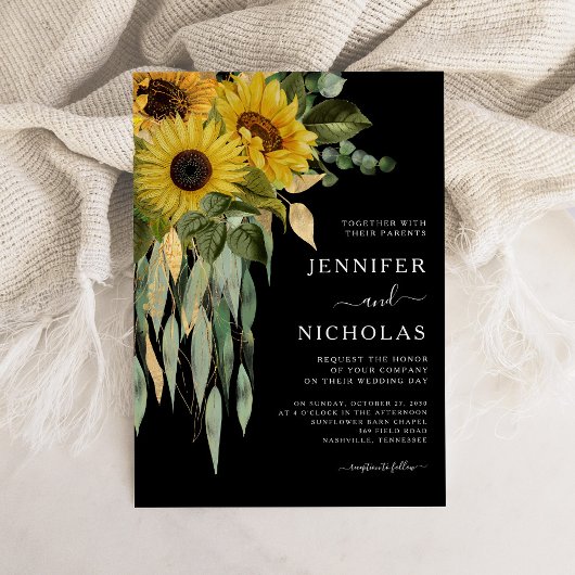 Modern Black Sunflower Wedding Kaart