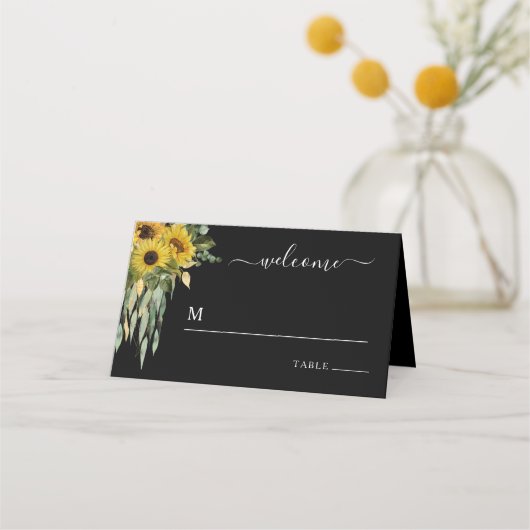 Modern Black Sunflower Wedding Plaatskaartje (Voorkant)