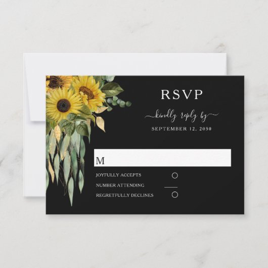Modern Black Sunflower Wedding RSVP Kaartje (Voorkant)