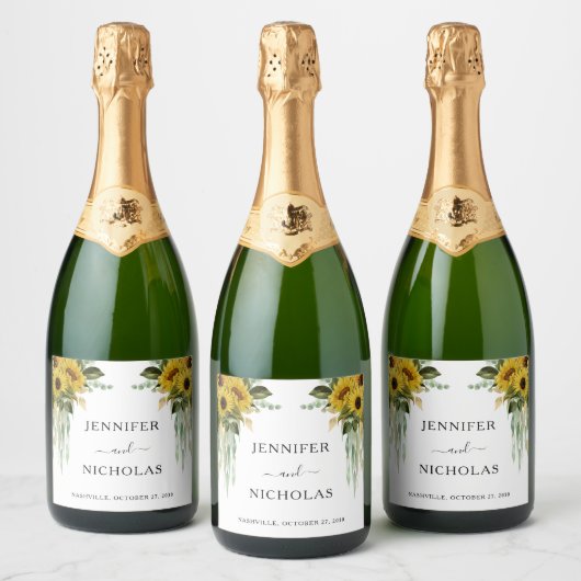 Modern Black Sunflower Wedding Sparkling Wijnetiket (Flessen)