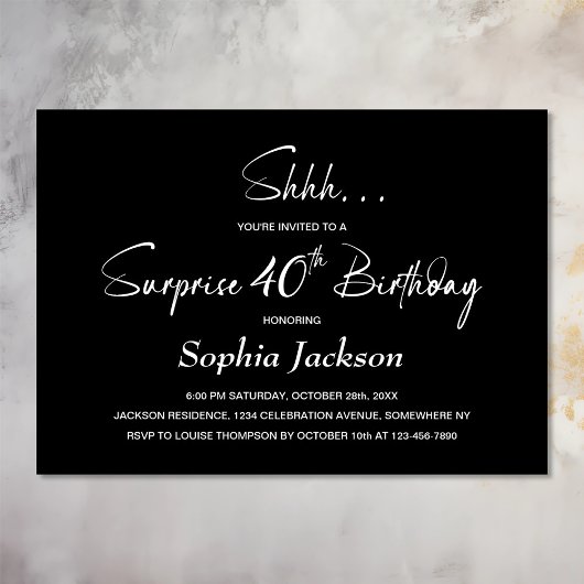 Modern Black Surprise 40ste verjaardagsfeestje Kaart