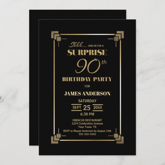 Modern Black Surprise 90ste verjaardagsfeestje Kaart (Voorkant / Achterkant)